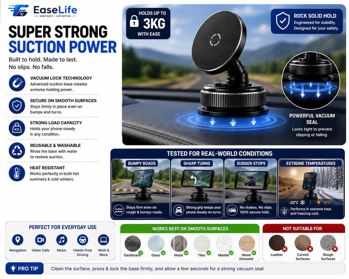 Magnetic Phone Holder for Car, Home, Office & Gym – 360° Adjustable | Strong Magnetic & Suction Mount